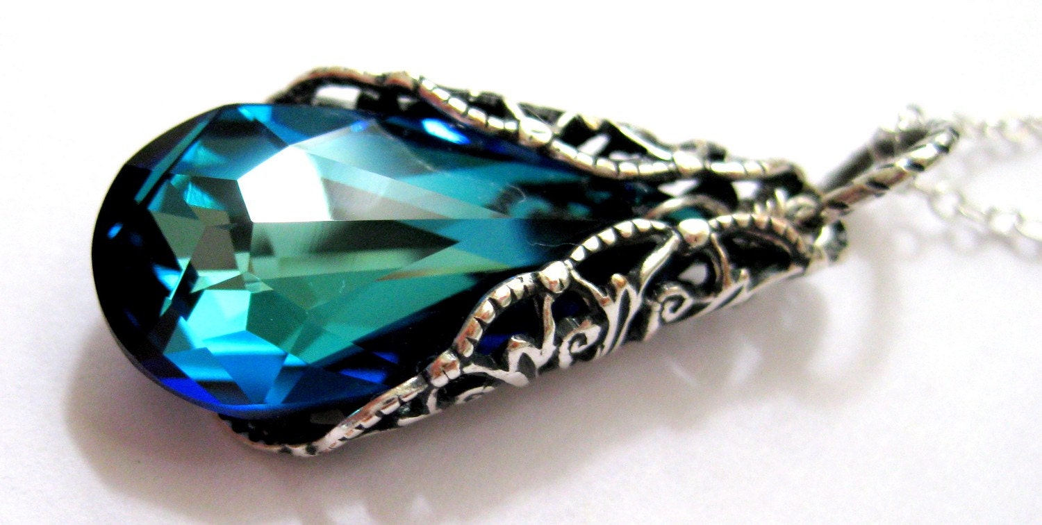 Victorian necklace, Swarovski crystal ocean blue necklace, Blue green necklace, Sterling silver aqua teal peacock necklace