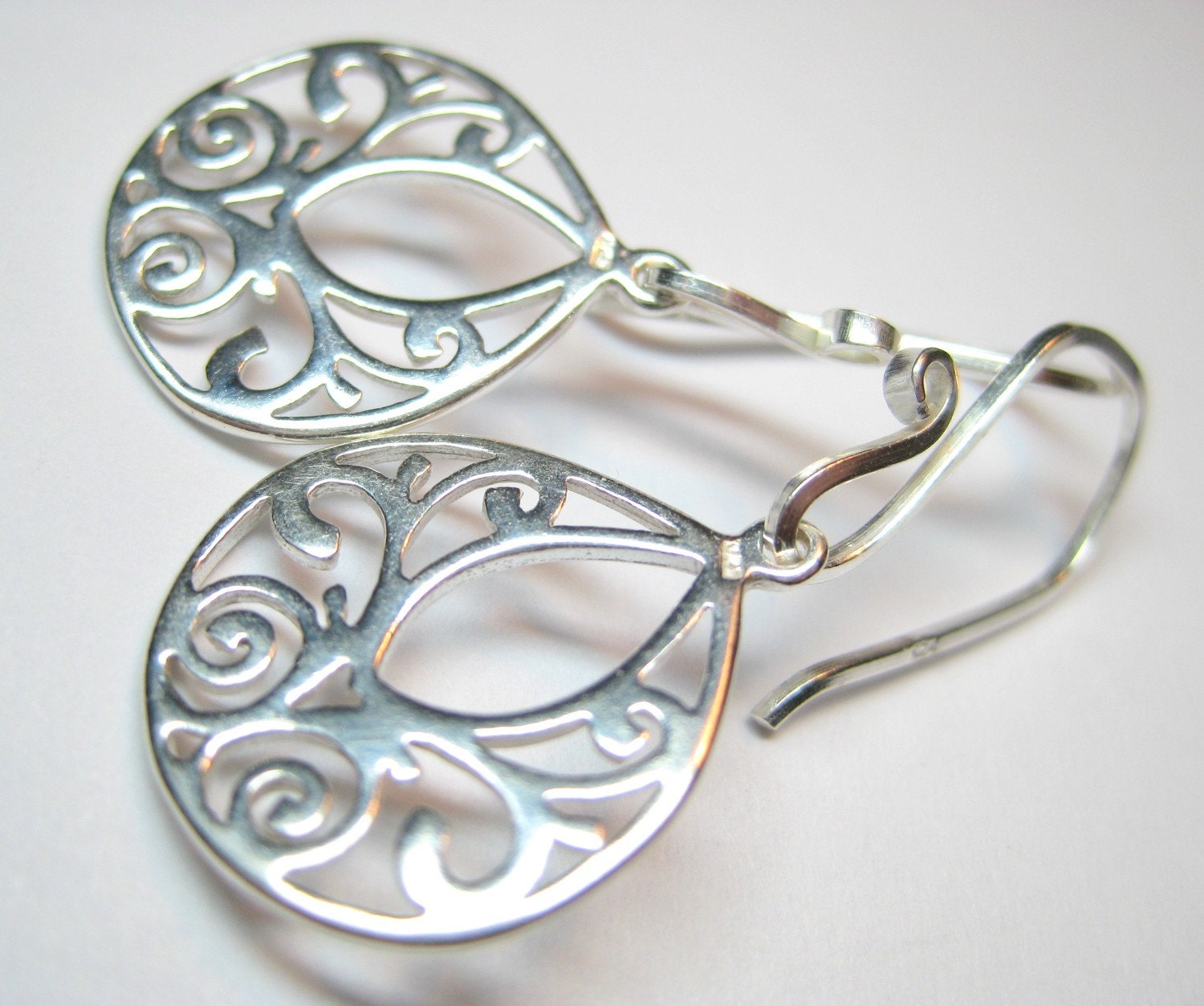 Sterling silver earrings, Filigree teardrop earrings, Dangle earrings, Handmade jewelry