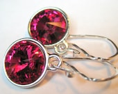 Pink Earrings, Swarovski crystal earrings, Fuschia deep pink round earrings, Sterling silver earrings, Handmade earrings