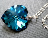 Aqua heart necklace, Swarovski crystal ocean blue heart necklace, Sterling silver aquamarine necklace, Handmade necklace