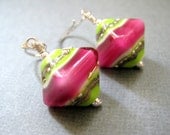 Pink green earrings, Sterling silver, Lime green fuschia pink lampwork earrings, Handmade jewelry