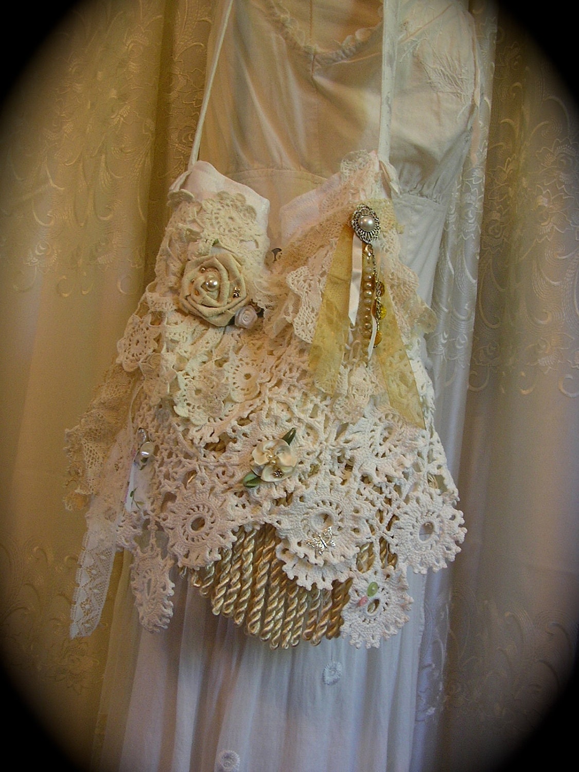 Shabby Cottage Handbag, crocheted doily lace fringe beads buttons shabby french handmade chic