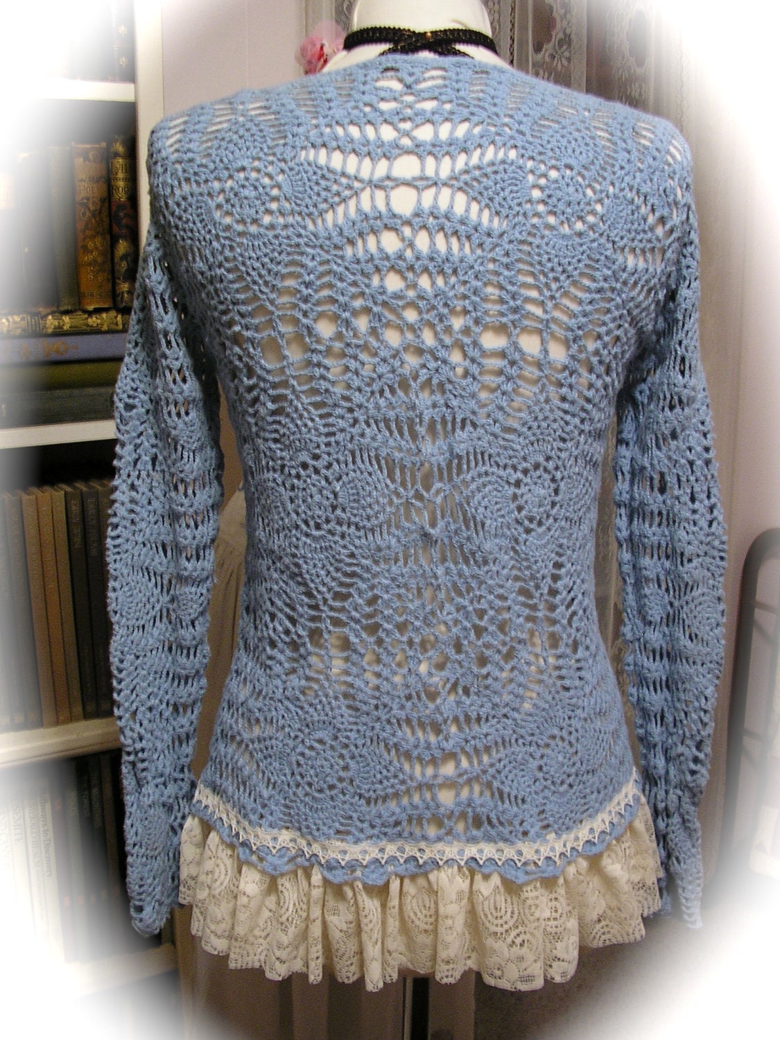 Doily Crochet Sweater, shabby cotton vintage doilies lace upcycled altered clothes MEDIUM