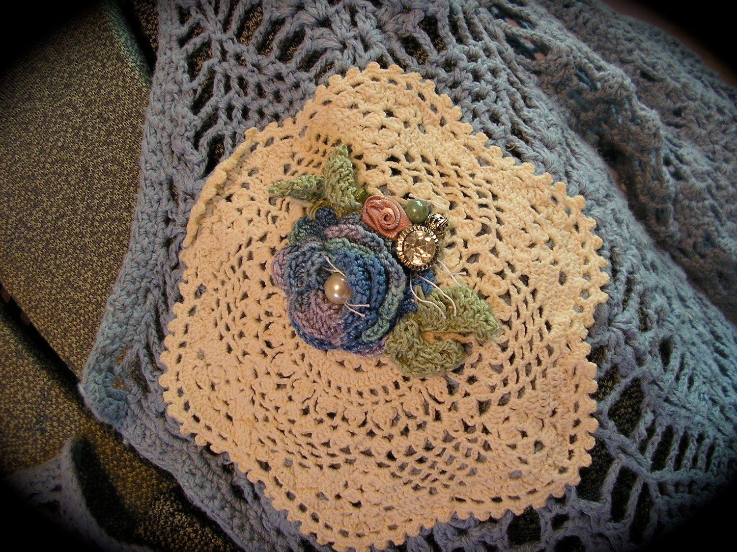 Doily Crochet Sweater, shabby cotton vintage doilies lace upcycled altered clothes MEDIUM