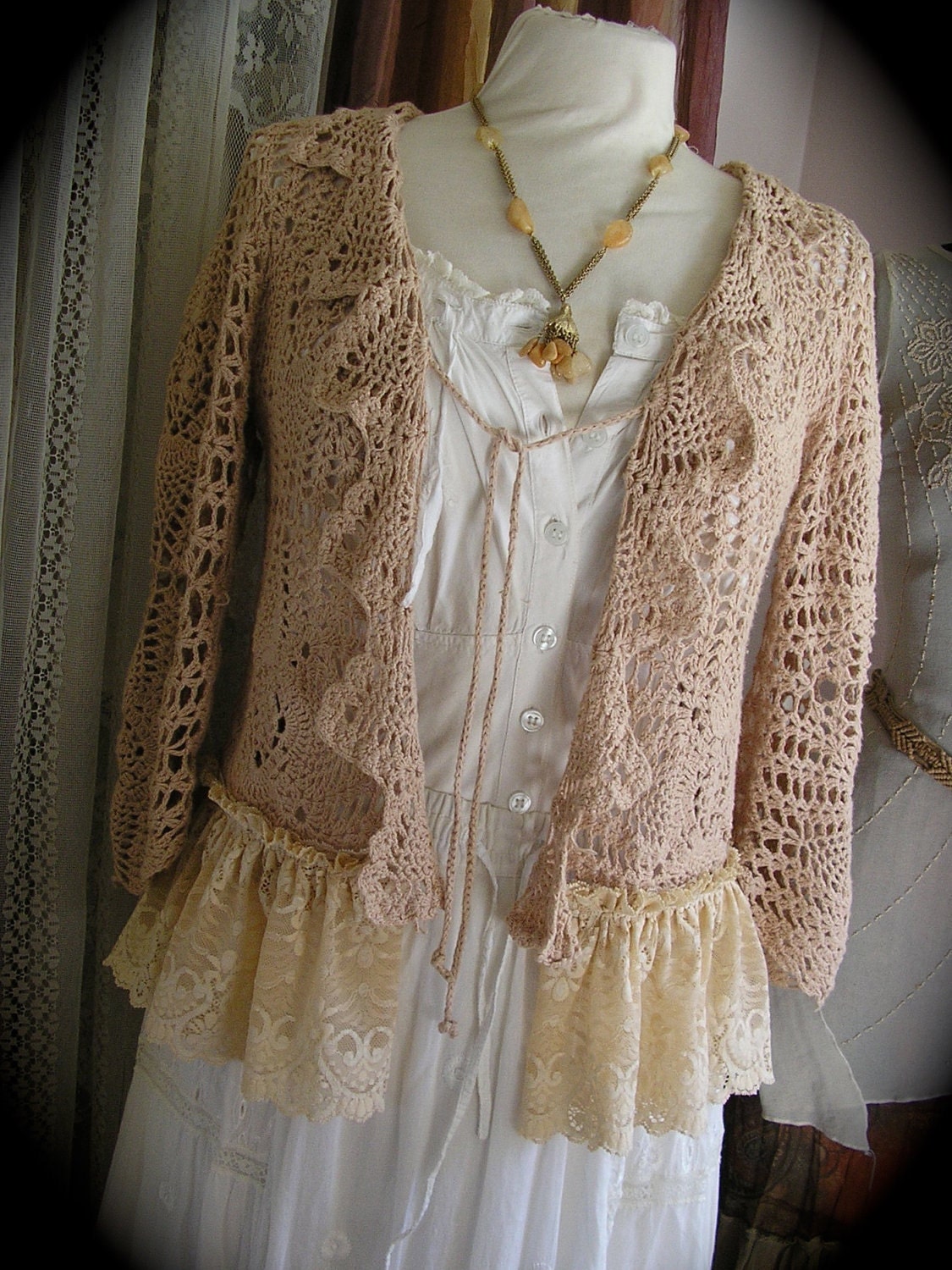 Vintage Crocheted Sweater, beige, romantic feminine, ruffled lace, altered couture, womens Small