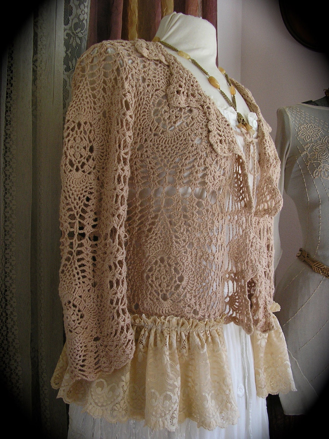 Vintage Crocheted Sweater, beige, romantic feminine, ruffled lace, altered couture, womens Small
