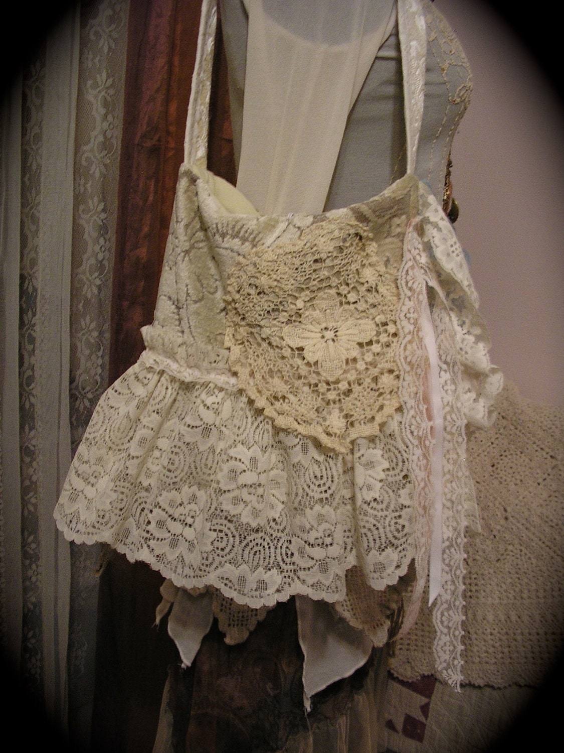 Victorian Gypsy Bag handmade shabby romantic layers ruffled laces doilies ivory creme