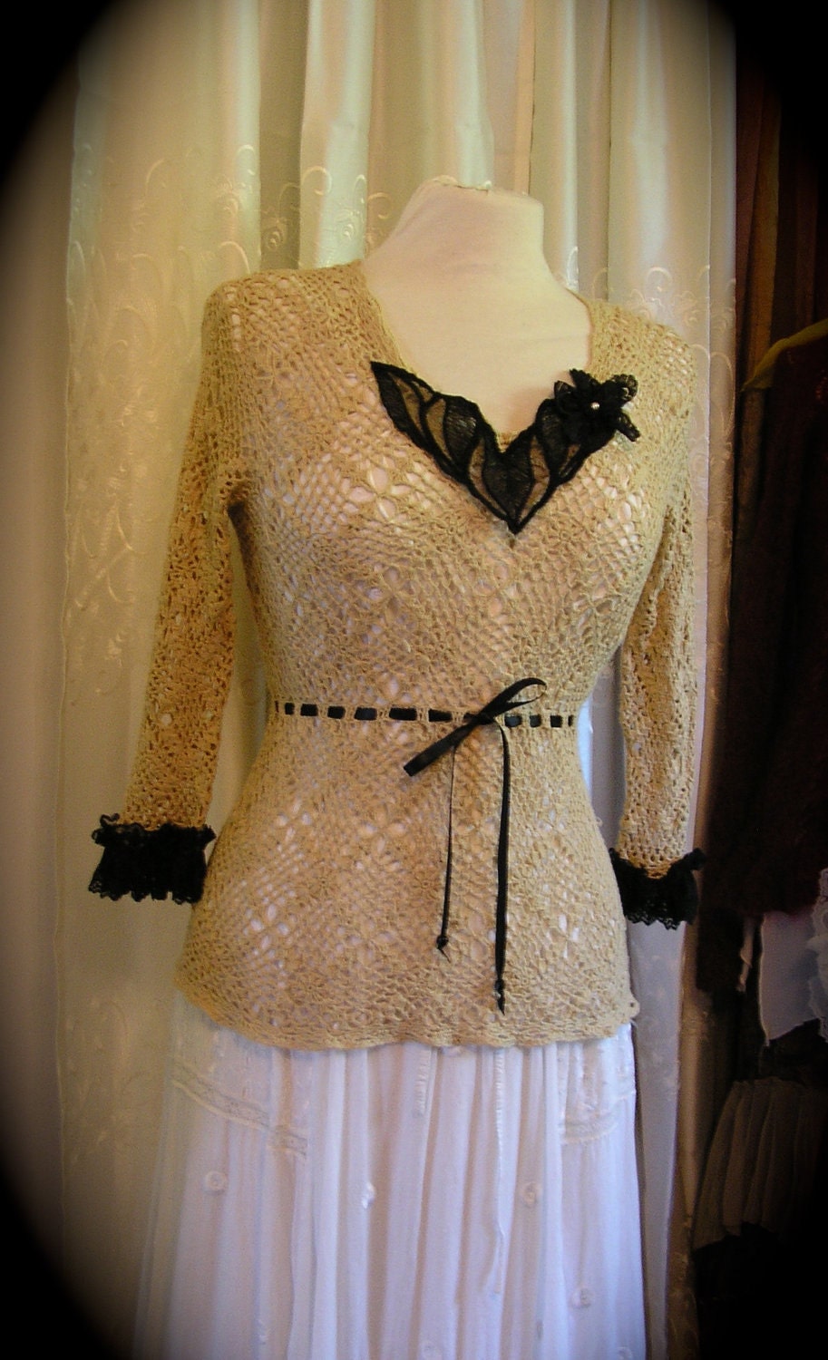 Soft Crochet Sweater, cotton beige black lace upcycled altered couture, MISSES SMALL