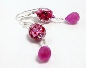 Raspberry Lampwork, Jade, and Sterling Earrings