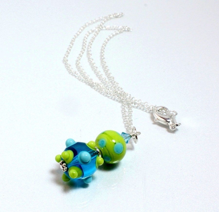 Aqua and Lime Green Lampwork Pendant on Sterling Silver Chain
