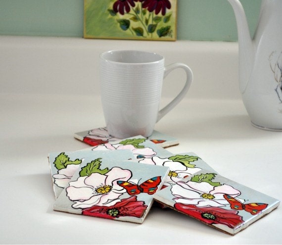 Eco-Friendly Hand Painted Abstract Poppy & Butterfly Tile Coaster Set