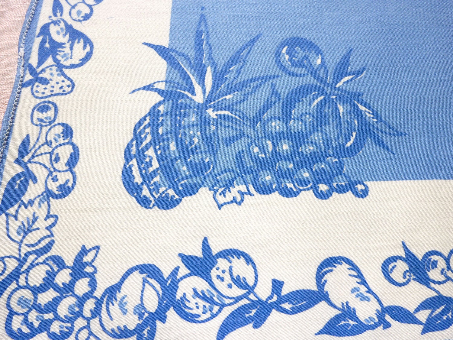 Fruit Print Place Mats and Runner with Pineapple, Cherry, Strawberry in Sapphire Blue Vintage