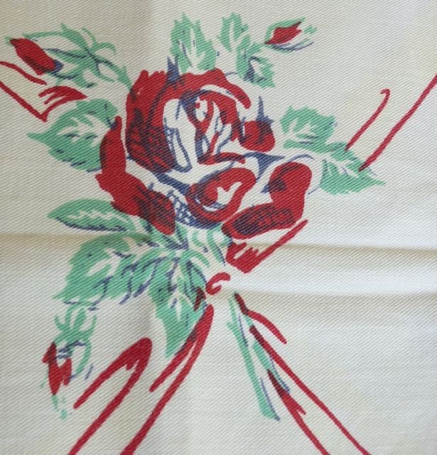 Printed Vintage Tablecloth / Napkin Set - Red Bows and Red Roses with Jadite Leaves