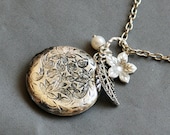 Silver Locket,Locket,Flower,Pearl,Forget Me Not Locket,Filigree Leaf,Locket Necklace,Wedding Necklace