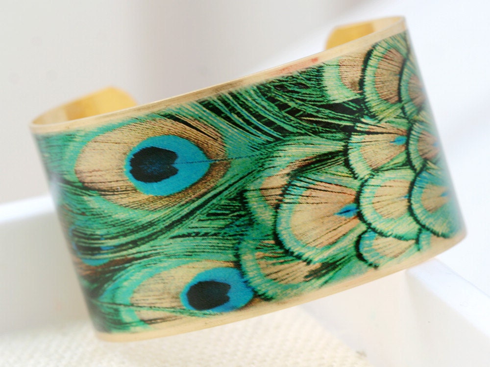 Green Peacock Feather Brass Cuff Bracelet