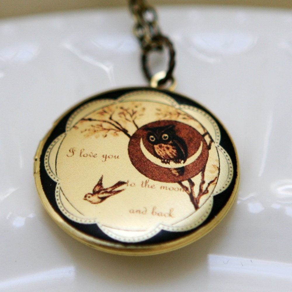 ON SALE Moonlight Owl,Locket,Owl Locket,Brass locket,Owl,Love,Bird,Antiqued Locket,Vintage Locket -I love you to the moon and back