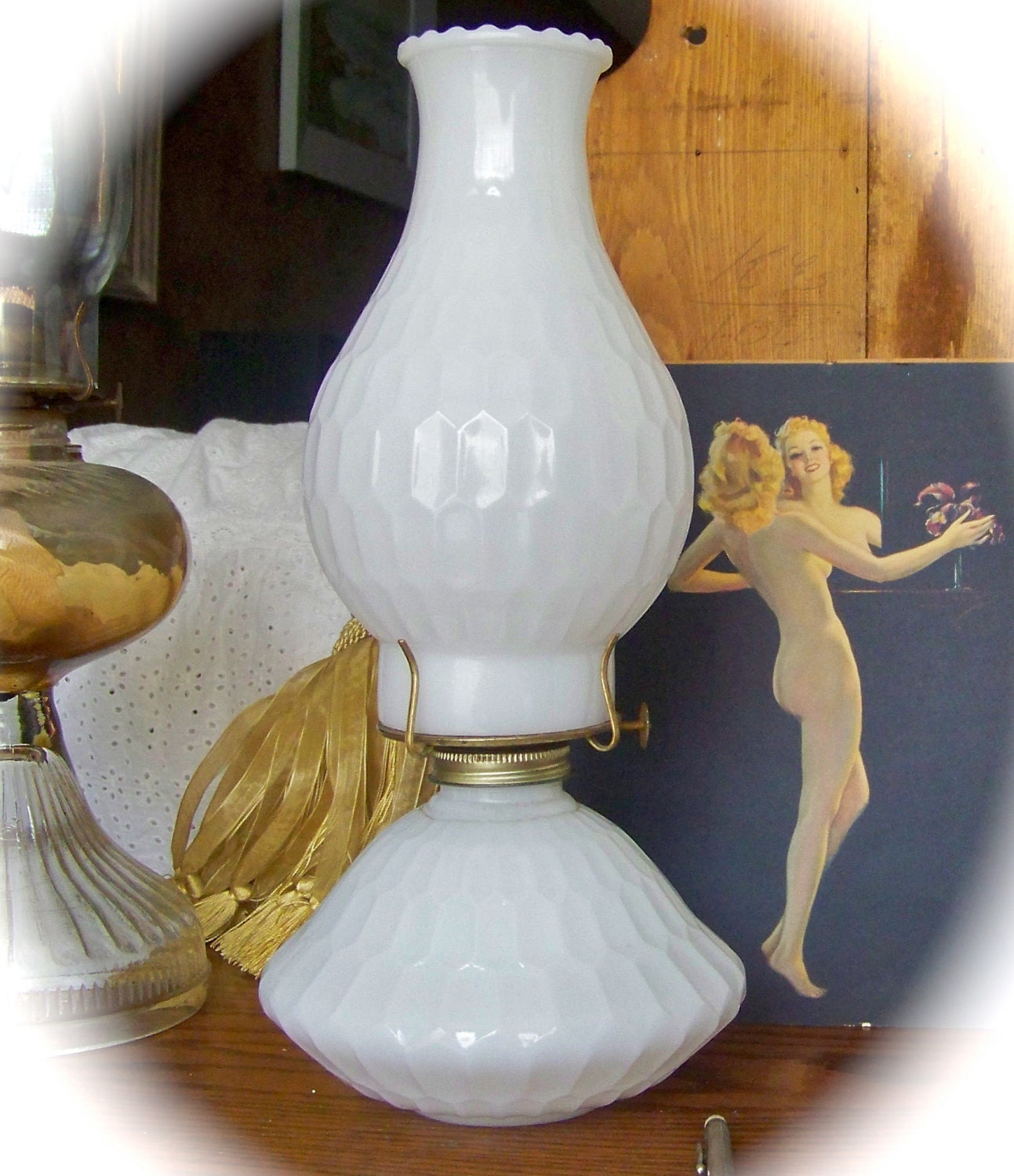 Milk Glass Honey Comb Oil Lamp