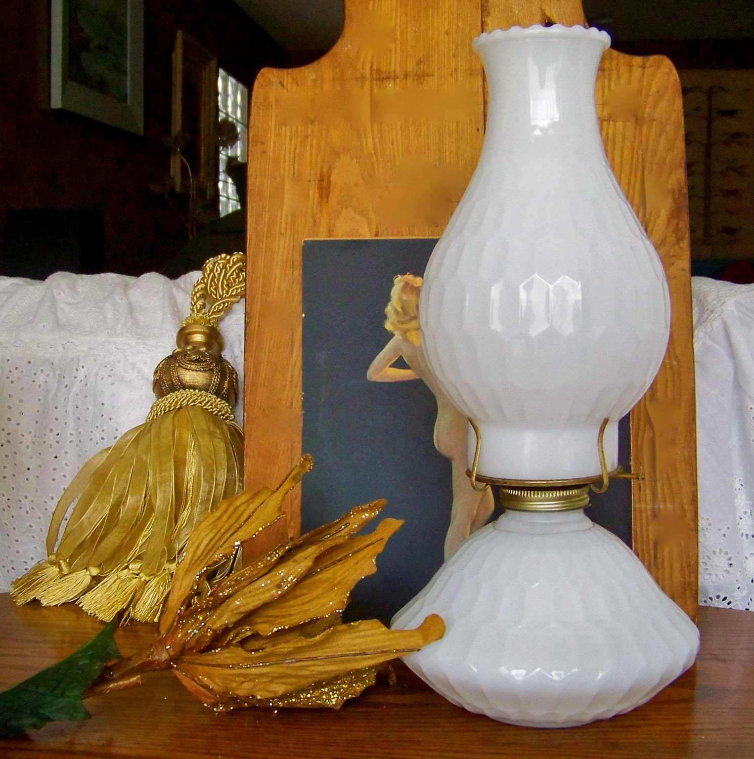 Milk Glass Honey Comb Oil Lamp
