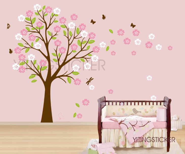new Blooming Cherry Tree -vinyl deco art wall sticker free send butterfly decal