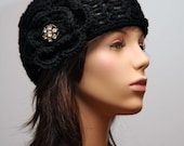 Black  Hat with Large Vintage Sparkle Button