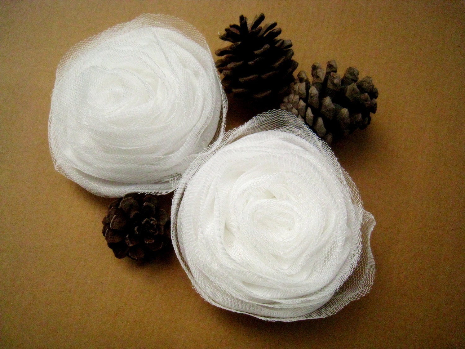 2 PCS White Chiffon and Tull Roses for Bridal,Headband,wedding gift,Brooch.