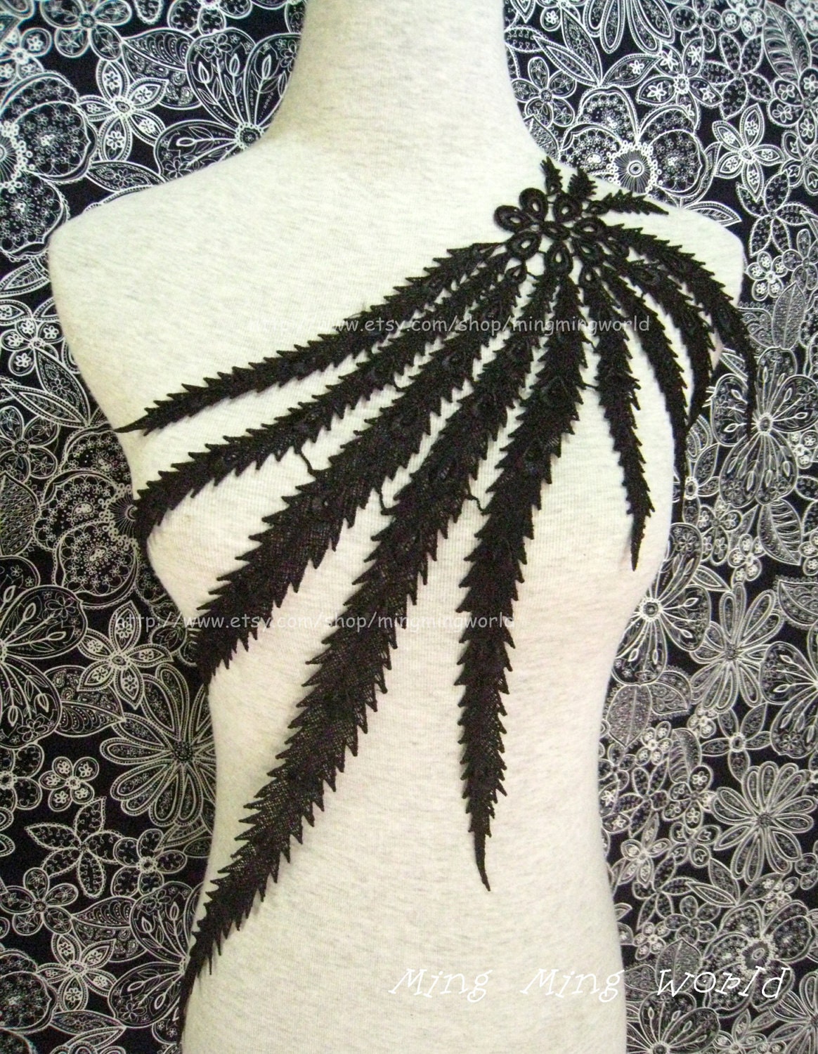 Black Lace Applique -1 pcs Black Phoenix Tail Applique Lace Trim