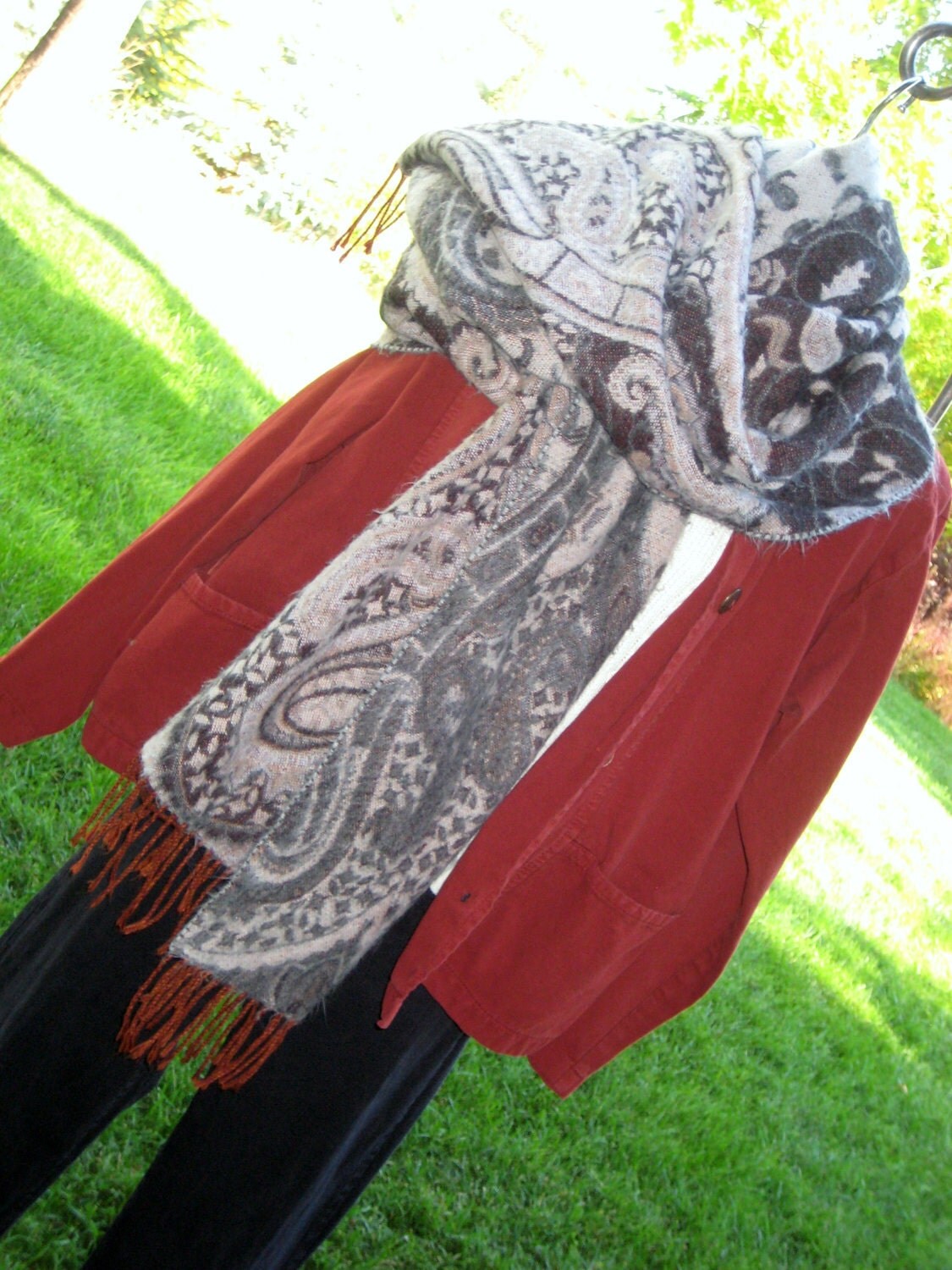 Sale Huge Italian Aurora Paci Vintage Scarf Shawl Black Grey Cream Lovely