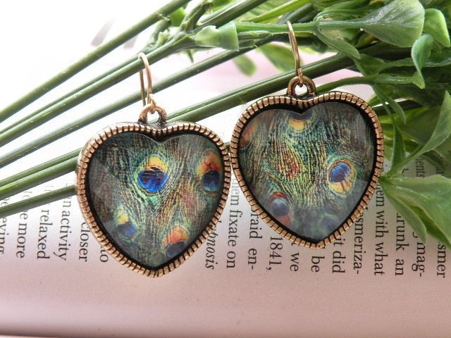 Pretty retro copper peacock glass like malachite heart shaped earrings pendant jewelry vintage style
