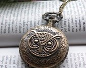 Pretty retro copper owl head with big eyes pocket watch quartz watch necklace pendant jewelry vintage style
