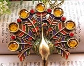 Pretty retro copper colorful Crystals big peacock expanding feathers necklace pendant vintage style
