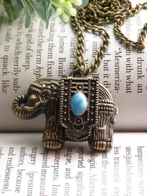 Retro copper blue indian elephant can open pocket watch necklace pendant jewelry vintage style