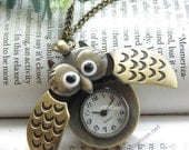 Retro copper owl eyes wings can open pocket watch necklace pendant jewelry vintage style p2