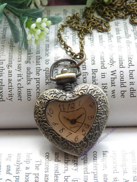 Retro copper heart shaped with coffee glass pocket watch necklace pendant jewelry vintage style