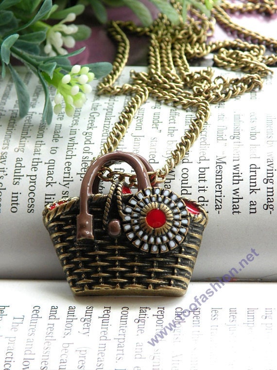 Pretty retro copper braiding bag handbag with glaze flower necklace pendant vintage style