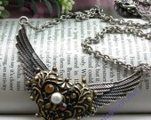 Pretty retro copper brown crystals heart with silver angel wings necklace pendant jewelry vintage style