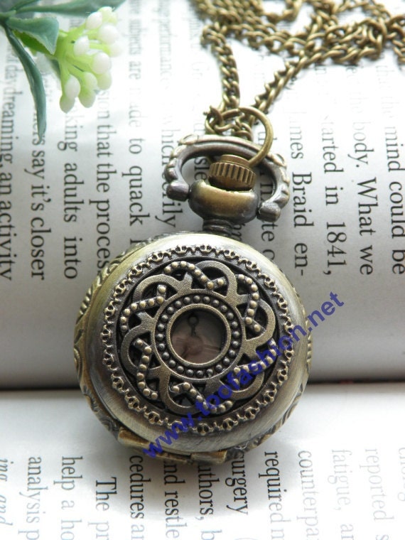 Retro copper round hollow carved flower with Hot Wheels pattern pocket watch necklace pendant jewelry vintage style - small 1