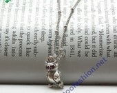 Antique retro silver purple crystals eyes small owl on branch necklace pendant jewelry vintage style