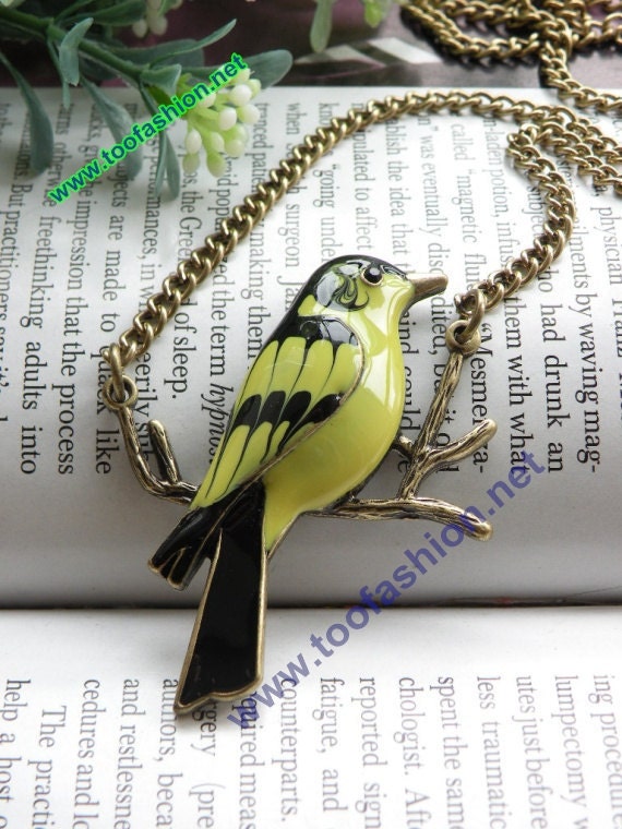Pretty retro copper colorful yellowbird bird on branch necklace pendant jewelry vintage style