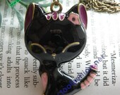 Pretty retro copper black cat with pink flower necklace pendant jewelry vintage style