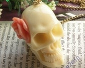 Pretty retro gold chain 3d skull head with pink color rose flower necklace pendant jewelry vintage style