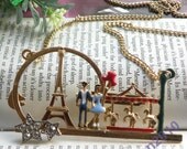 Pretty retro gold sweetheart Eiffel Tower carousel stars pendant necklace vintage style