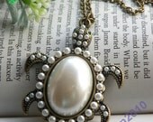 Pretty retro copper white sea turtle tortoise necklace pendant vintage style