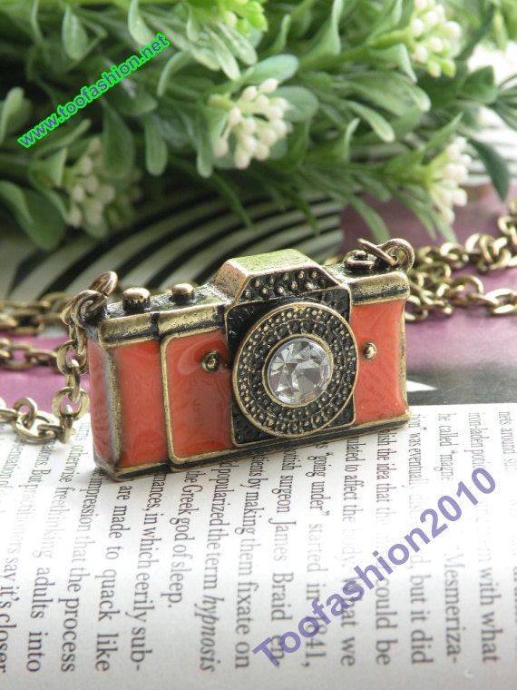 Pretty retro copper white crystal 3d camera with orange glaze necklace pendant jewelry vintage style