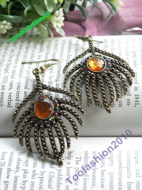 Pretty retro copper brown crystal peacock feather earrings vintage style