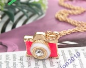 Luxury gold 3d pink glaze camera with white crystal necklace pendant jewelry vintage style
