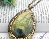 Pretty retro copper drop shaped with peacock feather pattern necklace pendant vintage style