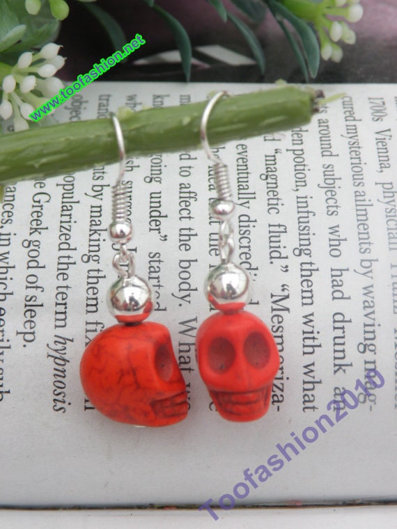 SALES-Pretty silver hooks with orange color turquoise skull head earrings vintage style