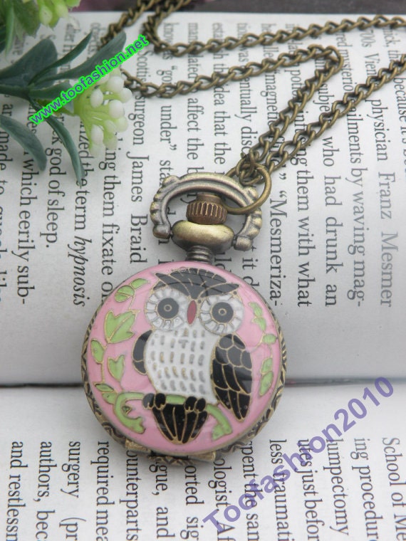 Retro copper round pink owl pocket watch necklace pendant jewelry vintage style - small