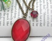 SALE - Pretty retro copper red oval crystal with two chain necklace pendant vintage style