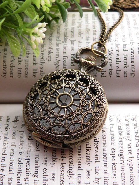 Retro copper round spider web with hollow carved pocket watch necklace pendant jewelry vintage style